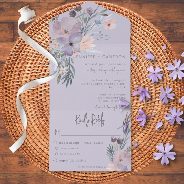 Invitación Todo En Uno Comida azul y lavanda Boho Floral Purple Dinner (Subido por el creador)