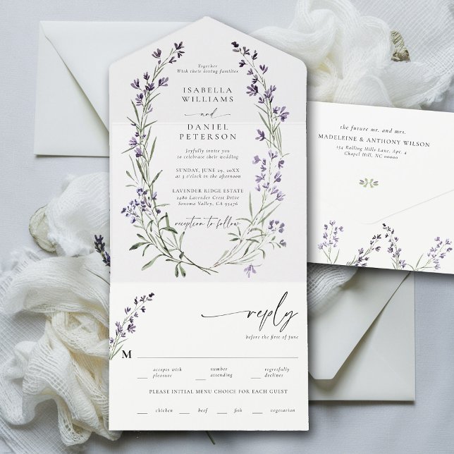 Invitación Todo En Uno Comida de lavanda rústica RSVP Boda romántico mode (lavender wedding invitation provence wreath modern classic elegant watercolor meal rsvp all in one)