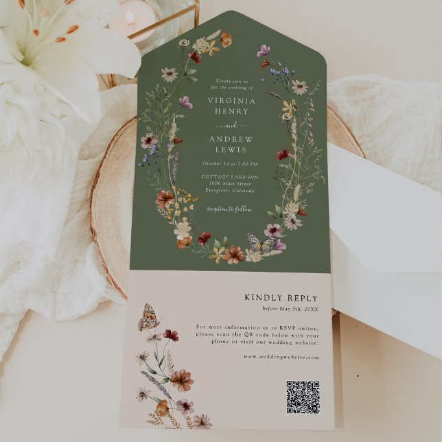 Invitación Todo en Uno con Código QR Sage Boho (Boho Sage Boho Wildflower QR Code All In One with Butterfly Invite by Painted Paperie
)