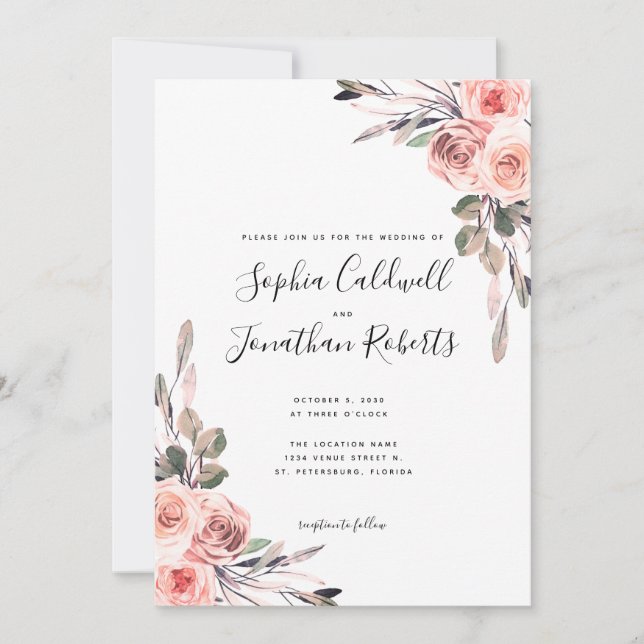 Invitación Todo en uno con detalles Boda Rubor Rosa Rosa (Anverso)
