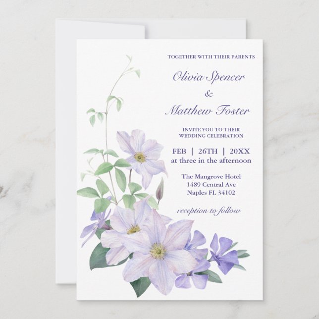 Invitación Todo en uno, con withe y periwinkle clematis Boda (Anverso)