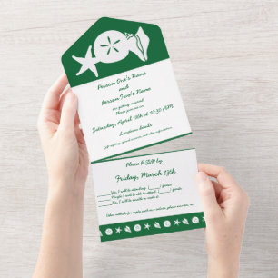 Invitación Todo En Uno Conchas de Verano en Verde