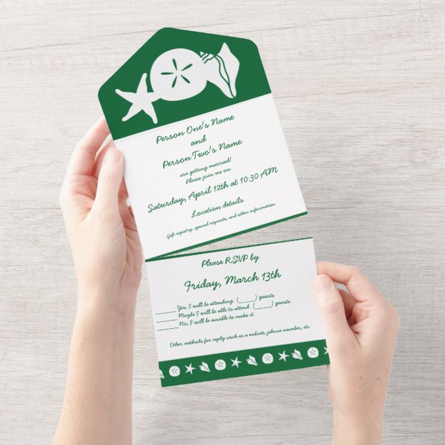 Invitación Todo En Uno Conchas de Verano en Verde (desgarro)