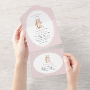 Invitación Todo En Uno Conejito Adorable, Lazo Rosa, Lunares Rosados, Fie