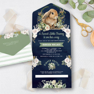 Invitación Todo En Uno Conejito Adorable Verde Salvia Floral Azul Marino 