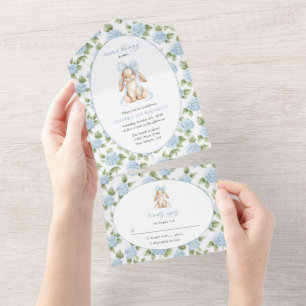 Invitación Todo En Uno Conejito Lindo, Lazo Azul, Flores Azules, Primer C