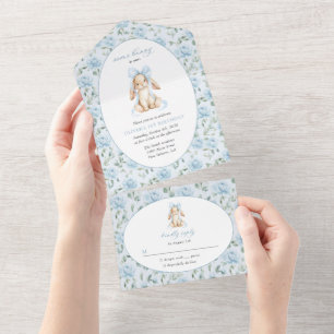 Invitación Todo En Uno Conejito Lindo, Lazo Azul, Flores Azules, Primer C