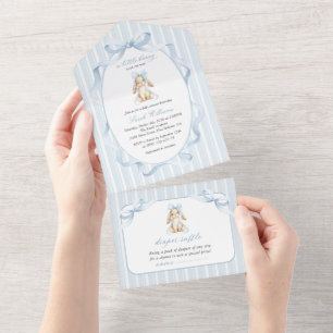 Invitación Todo En Uno Conejito Lindo, Lazo Azul, Rayas Azules, Fiesta de