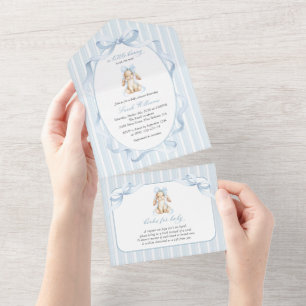 Invitación Todo En Uno Conejito Lindo, Lazo Azul, Rayas Azules, Fiesta de