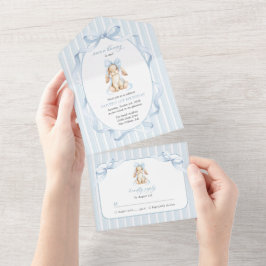 Invitación Todo En Uno Conejito Lindo, Lazo Azul, Rayas Azules, Primer Cu