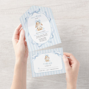Invitación Todo En Uno Conejito Lindo, Lazo Azul, Rayas Azules, Primer Cu