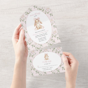 Invitación Todo En Uno Conejito Lindo, Lazo Rosa, Flores Rosadas, Primer
