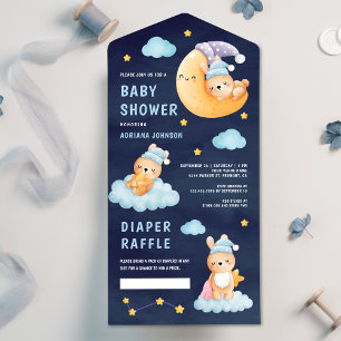 Invitación Todo En Uno Conejo Durmiendo en Luna Azul Marino Baby Shower