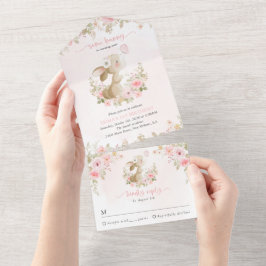 Invitación Todo En Uno Conejo, Mariposa, Flores Rosas, Primer Cumpleaños