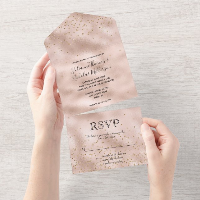 Invitación Todo En Uno Confeti Rosa Dorado Rubor   (desgarro)