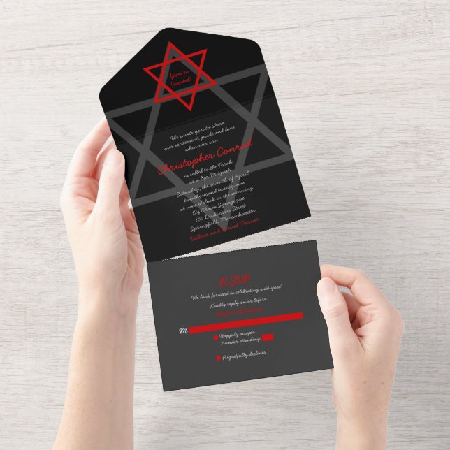 Invitación Todo En Uno Confirmación de Bar Mitzvah de la Estrella de Davi (desgarro)