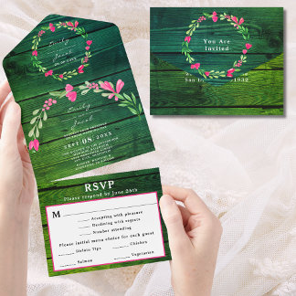 Invitación Todo En Uno Confirmación de Boda Campestre Floral Rosa Madera