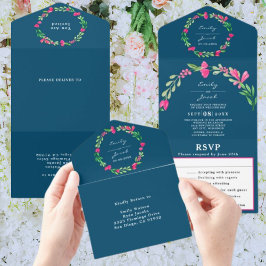Invitación Todo En Uno Confirmación de boda chic azul océano flora verde
