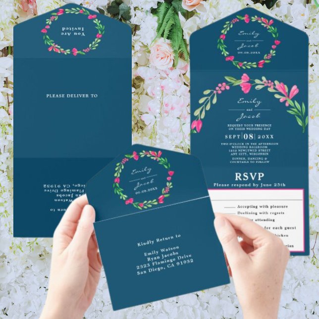 Invitación Todo En Uno Confirmación de boda chic azul océano flora verde (Subido por el creador)