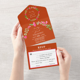 Invitación Todo En Uno Confirmación RSVP Floral Rosa Verde Naranja Rojo E