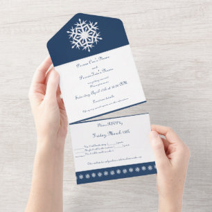 Invitación Todo En Uno Copo de Nieve de Invierno en Azul Marino