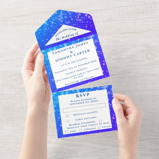 Invitación Todo En Uno Copos de Nieve Azul Boda del País de las Maravilla (desgarro)