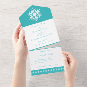 Invitación Todo En Uno Copos de nieve de invierno en turquesa