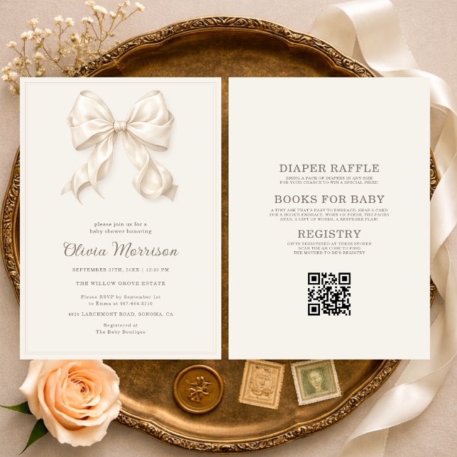 Invitación Todo en Uno Coqueta Neutral Lazo Baby Shower (Subido por el creador)