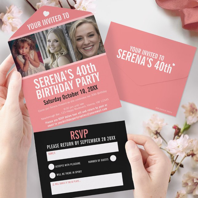 Invitación Todo En Uno Coral black tres fotos 40th Birthday fiesta (Subido por el creador)