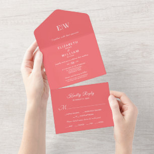Invitación Todo En Uno Coral elegante y sencillo al atardecer con Boda mo