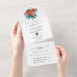 Invitación Todo En Uno Coral español y Boda floral Verde azulado todo en 