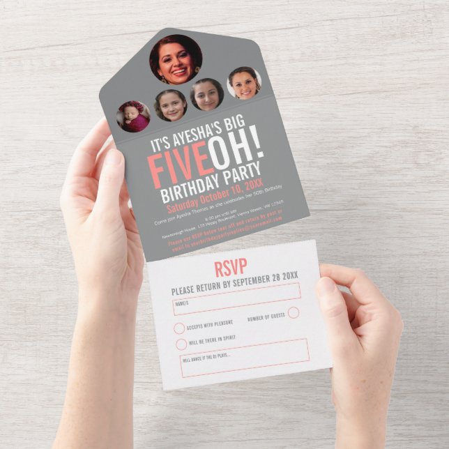 Invitación Todo En Uno Coral Gray 50 cumpleaños FIVEOH! foto fiesta (desgarro)