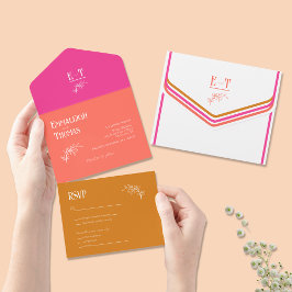 Invitación Todo En Uno Coral rosa Fuschia + Boda retro negrita Naranja