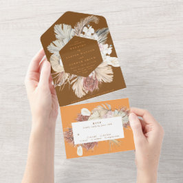 Invitación Todo En Uno Coral Terracotta Pampas Boho Boda del desierto flo