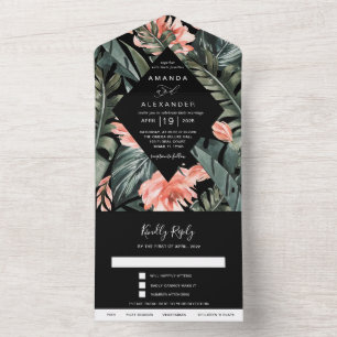 Invitación Todo En Uno Coral tropical Monstera Palm Black Boda