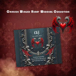 Invitación Todo En Uno Corazón Alado Carmesí Romance Gótico Elegante .