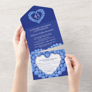 Invitación Todo En Uno Corazón azul zafiro 45° aniversario boda 