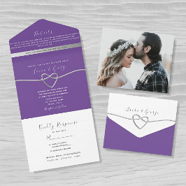 Invitación Todo En Uno Corazón de Boda Plata Púrpura