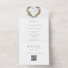 Invitación Todo En Uno Corazón floral Rústico Código QR Boda verde sabio