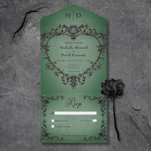 Invitación Todo En Uno Corazón gótico negro y verde filigrí sin cena