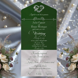 Invitación Todo En Uno Corazón Romántico & Caligrafía - Esmeralda/Plata