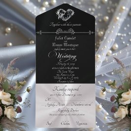 Invitación Todo En Uno Corazón Romántico & Caligrafía - Negro/Plata