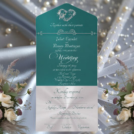 Invitación Todo En Uno Corazón Romántico & Caligrafía - Turquesa/Plata