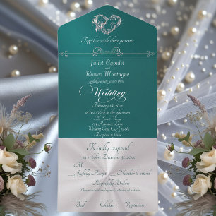 Invitación Todo En Uno Corazón Romántico & Caligrafía - Turquesa/Plata