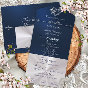 Invitación Todo En Uno Corazón romántico y caligrafía - Azul/Plata