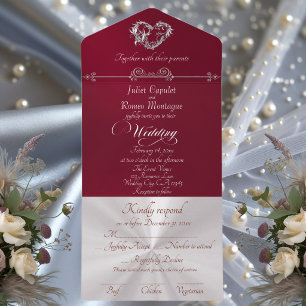 Invitación Todo En Uno Corazón Romántico y Caligrafía - Burdeos/Plata
