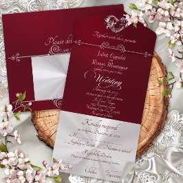 Invitación Todo En Uno Corazón Romántico y Caligrafía - Burdeos/Plata