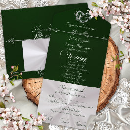 Invitación Todo En Uno Corazón Romántico y Caligrafía - Esmeralda/Plata