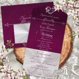 Invitación Todo En Uno Corazón romántico y caligrafía - Morado/Plata