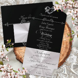 Invitación Todo En Uno Corazón romántico y caligrafía - Negro/Plata